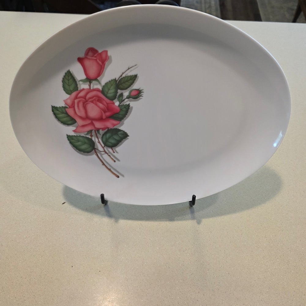 Royalon Melmac Serving Platter 13x10 White Pink Rose Floral, USA Made, #313, Vtg